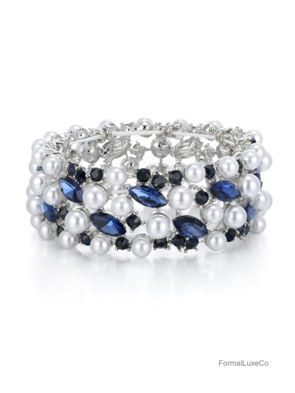 Vintage Inspired Leaf Stretch Bracelet with Simulated Pearls and Crystals